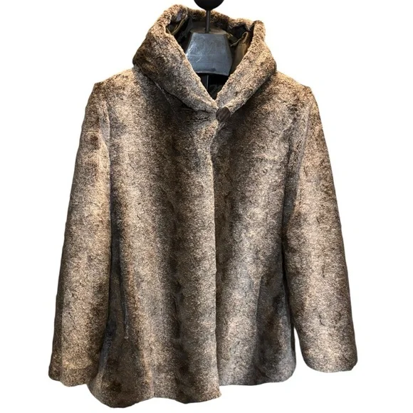 Dennis Basso Faux Fur Jacket Size Large Light Brown Faux Fur Coat with Hood - Picture 12 of 13